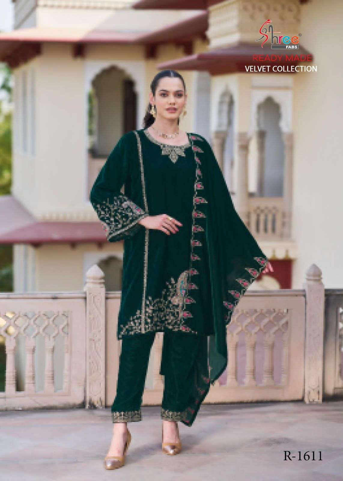 R 1611 BY SHREE FABS DESIGNER EMBROIDERY WORK VELVET READYMADE SUITS ARE AVAILABLE AT WHOLESALE PRICE