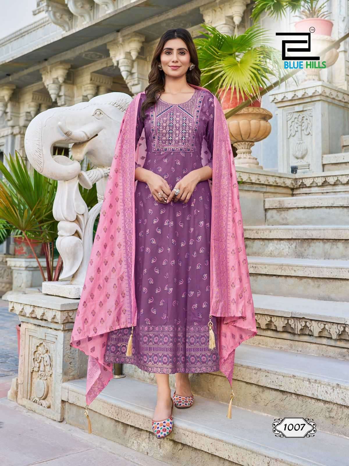 RITU SPECIAL SERIES 1001 TO 1008 BY BLUE HILLS DESIGNER PRINTED AND WORK RAYON GOWN WITH DUPATTA ARE AVAILABLE AT WHOLESALE PRICE