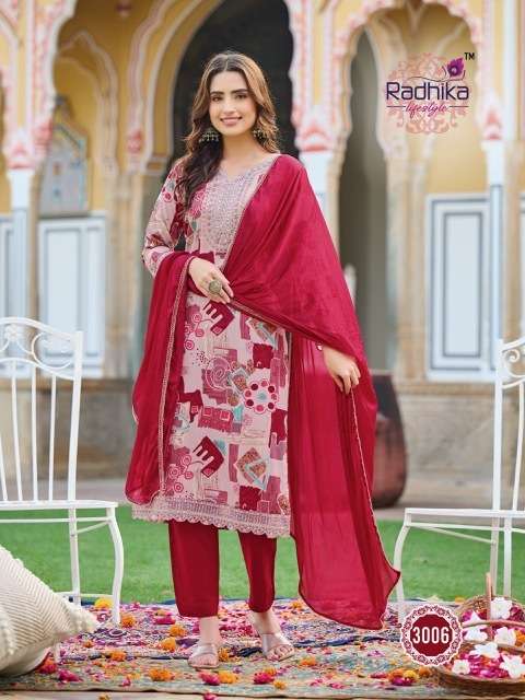 RIVAZO VOL-3 SERIES 3001 TO 3006 BY RADHIKA LIFESTYLE DESIGNER PRINTED RAYON KURTI WITH BOTTOM AND DUPATTA ARE AVAILABLE AT WHOLESALE PRICE