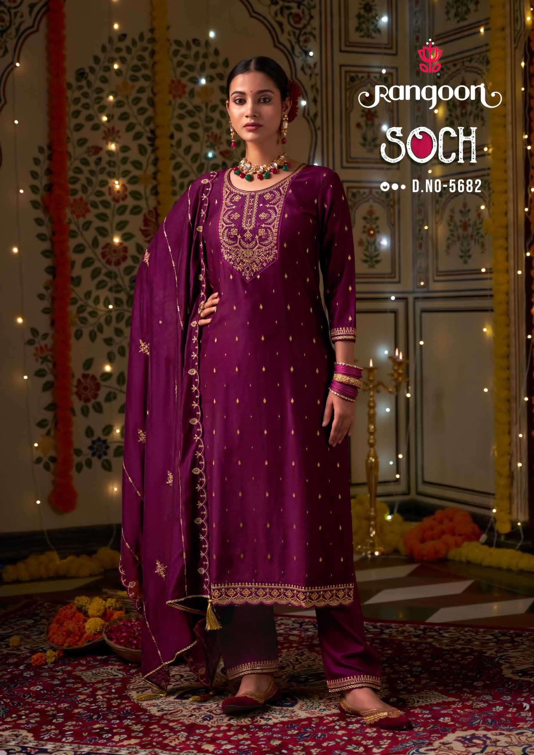 SOCH SERIES 5681 TO 5684 BY RANGOON DESIGNER WORK VISCOSE JACQUARD TOP WITH BOTTOM AND DUPATTA ARE AVAILABLE AT WHOLESALE PRICE