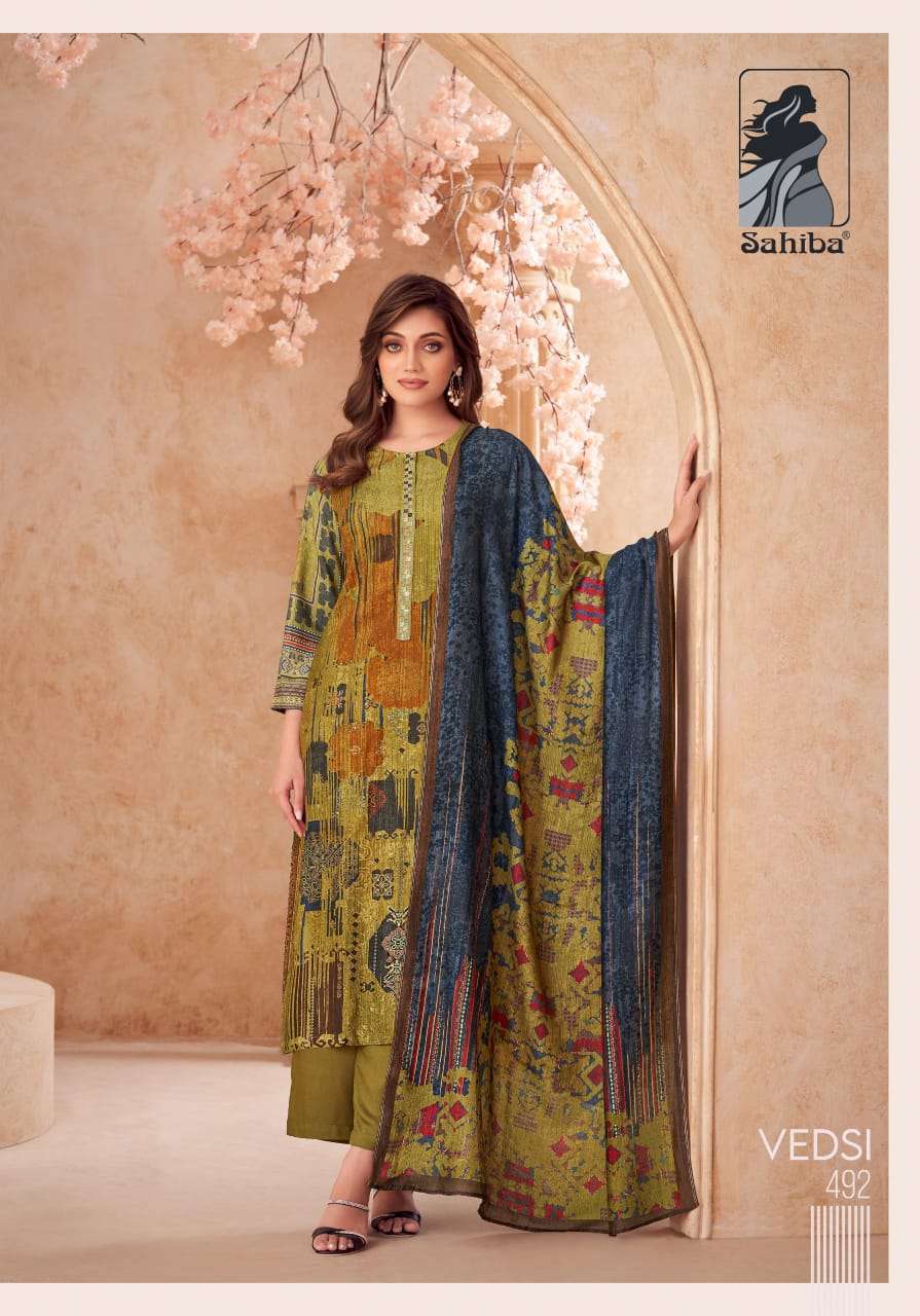 VEDSI SERIES 400 BY SAHIBA DESIGNER DIGITAL PRINTED AND WORK STAPLE TWILL SUITS ARE AVAILABLE AT WHOLESALE PRICE