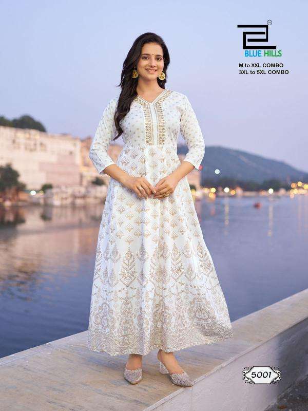 WHITE HOUSE SERIES 5001 TO 5002 BY BLUE HILLS DESIGNER FOIL PRINTED ANARKALI RAYON GOWNS ARE AVAILABLE AT WHOLESALE PRICE