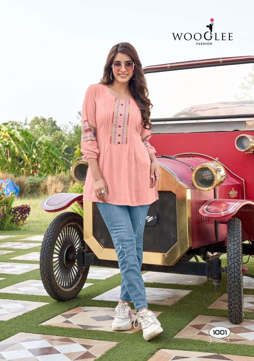 ZOYA SERIES 1001 TO 1004 BY WOOGLEE DESIGNER EMBROIDERY WORK RAYON WRINKLE TOP ARE AVAILABLE AT WHOLESALE PRICE