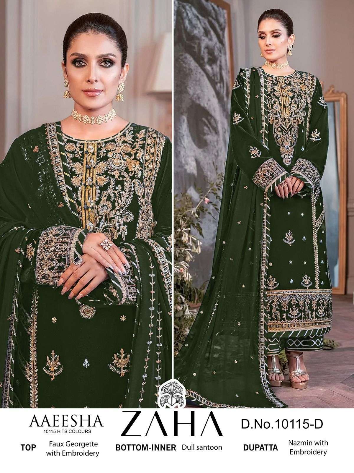 AAEESHA SERIES 10115 BY ZAHA DESIGNER WITH WORK GEORGETTE PAKISTANI STYLE SUITS ARE AVAILABLE AT WHOLESALE PRICE