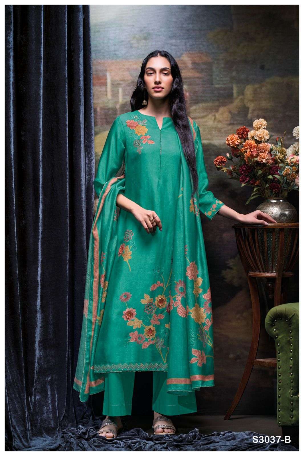 LZABELA SERIES 3037 BY GANGA DESIGNER PRINTED AND HAND WORK BEMBERG RUSSIAN SILK SUITS ARE AVAILABLE AT WHOLESALE PRICE