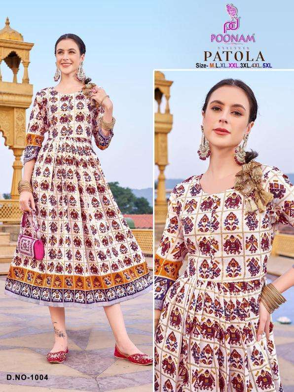 PATOLA SERIES 1001 TO 1004 KURTI BY POONAM DESIGNER FOIL PRINTED PATOLA COTTON KURTIS ARE AVAILABLE AT WHOLESALE PRICE