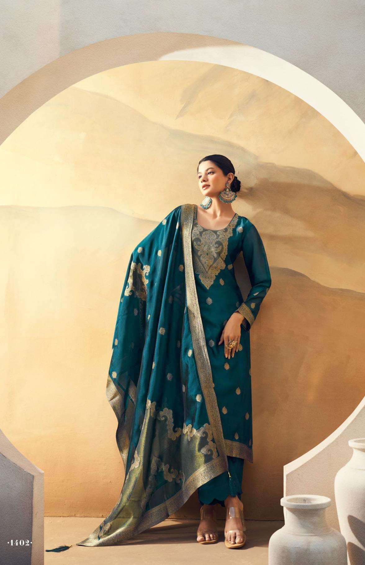 NADIA SERIES 1401 TO 1406 BY RAAZI DESIGNER HAND WORK BEMBERG WOVEN JACQUARD SUITS ARE AVAILABLE AT WHOLESALE PRICE