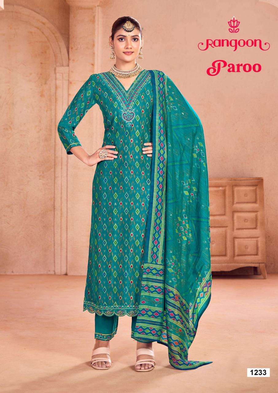 PAROO SERIES 1231 TO 1234 BY RANGOON DESIGNER PRINTED AND WORK SILK TOP WITH BOTTOM AND DUPATTA ARE AVAILABLE AT WHOLESALE PRICE