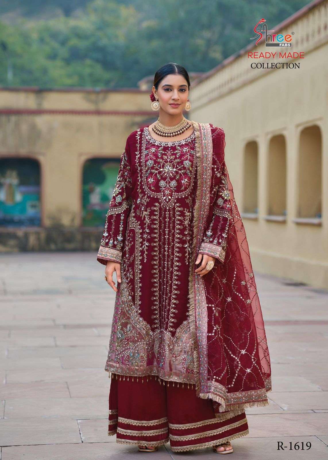 R 1619 BY SHREE FABS DESIGNER HEAVY EMBROIDERY WORK ORGANZA READYMADE SUITS ARE AVAILABLE AT WHOLESALE PRICE