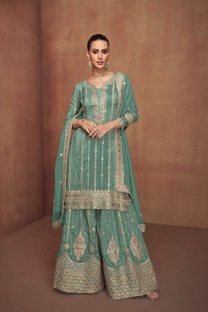 SALONI SERIES 7495 BY GULKAYRA DESIGNER EMBROIDERY WORK SHIMMER SILK READYMADE SUITS ARE AVAILABLE AT WHOLESALE PRICE