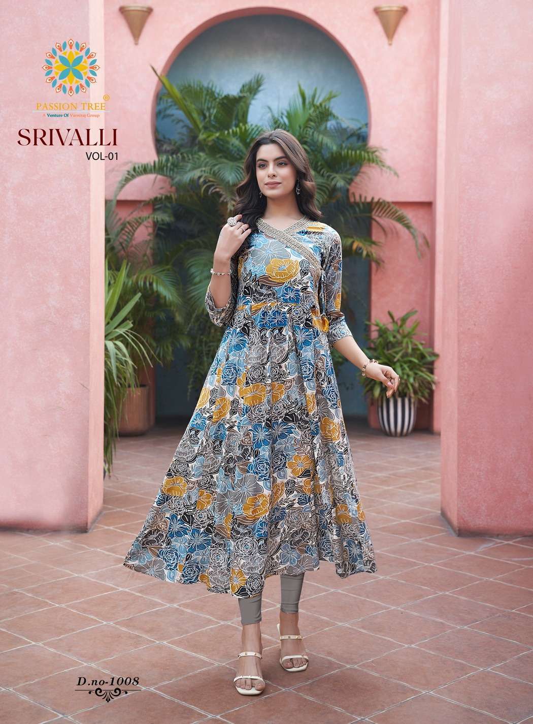 SRIVALLI VOL-1 SERIES 1001 TO 1008 KURTI BY PASSION TREE DESIGNER FOIL PRINTED AND WORK RAYON KURTIS ARE AVAILABLE AT WHOLESALE PRICE