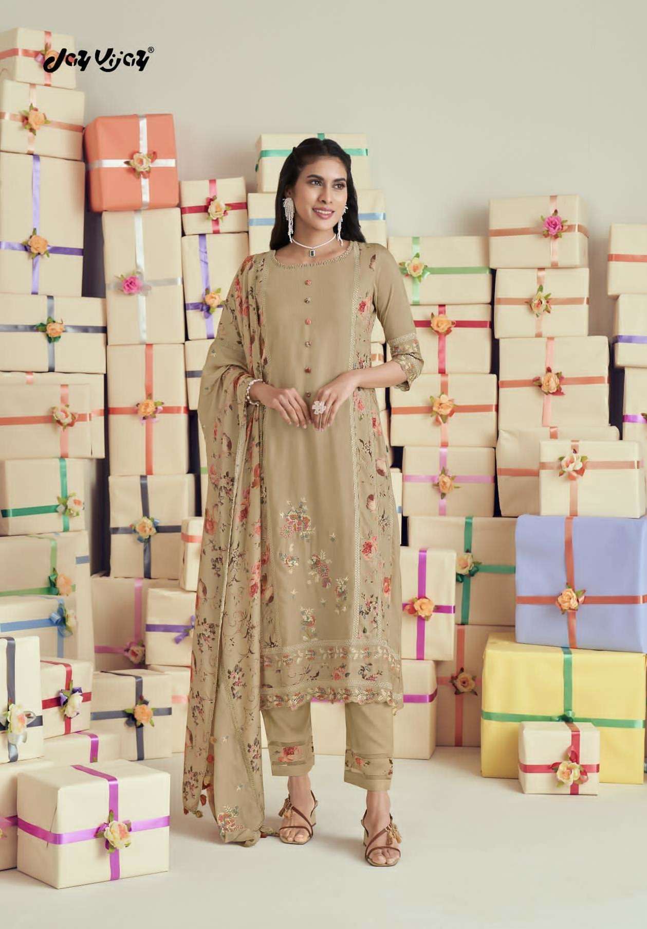 UPHAAR SERIES 9421 TO 9426 BY JAY VIJAY DESIGNER DIGITAL PRINTED AND EMBROIDERY WORK MUSLIN SILK SUITS ARE AVAILABLE AT WHOLESALE PRICE