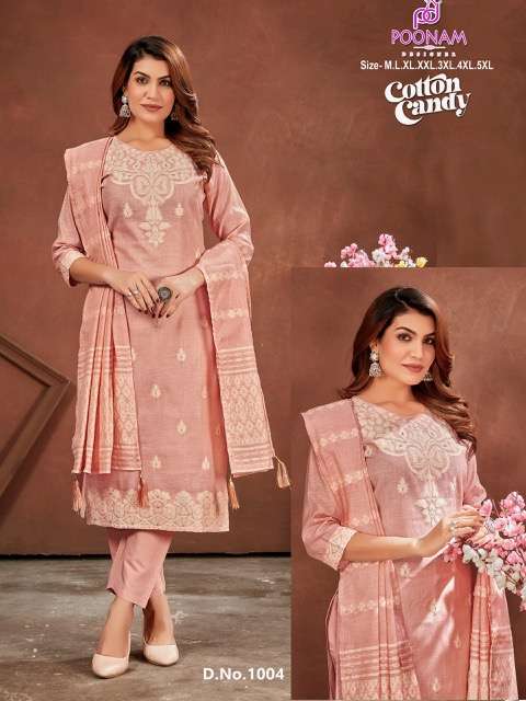COTTON CANDY SERIES 1001 TO 1004 BY POONAM DESIGNER LINEN JACQUARD TOP WITH BOTTOM AND DUPATTA ARE AVAILABLE AT WHOLESALE PRICE