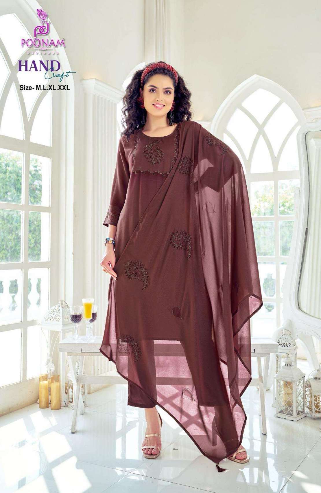 HAND CRAFT SERIES 1001 TO 1004 BY POONAM DESIGNER DESIGNER WORK GEORGETTE SHIMMER TOP WITH BOTTOM AND DUPATTA ARE AVAILABLE AT WHOLESALE PRICE