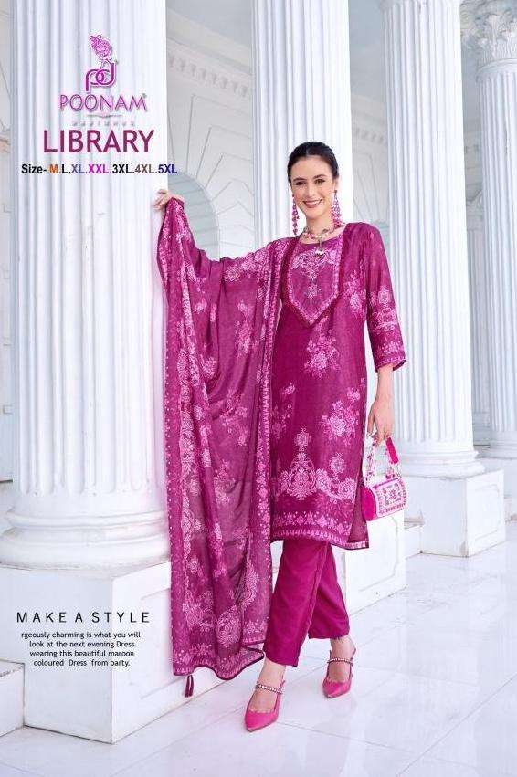 LIBRARY SERIES 1001 TO 1005 BY POONAM DESIGNER PRINTED AND WORK CREPE TOP WITH BOTTOM AND DUPATTA ARE AVAILABLE AT WHOLESALE PRICE