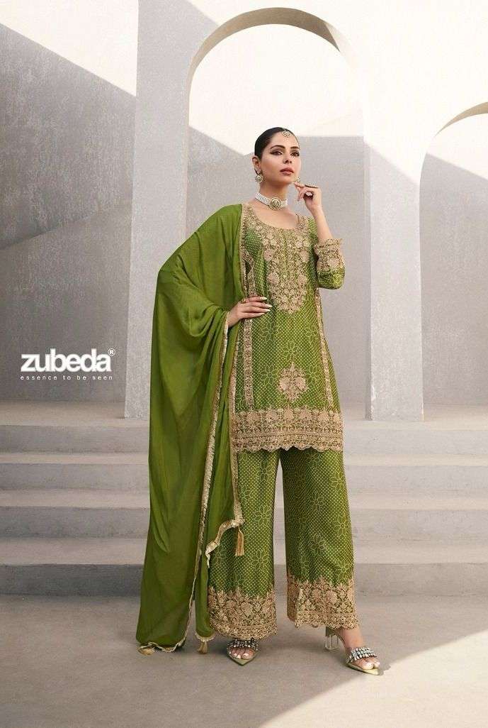 NAAZ SERIES 725 TO 728 BY ZUBEDA DESIGNER WORK READYMADE CHINON SILK SUITS ARE AVAILABLE AT WHOLESALE PRICE