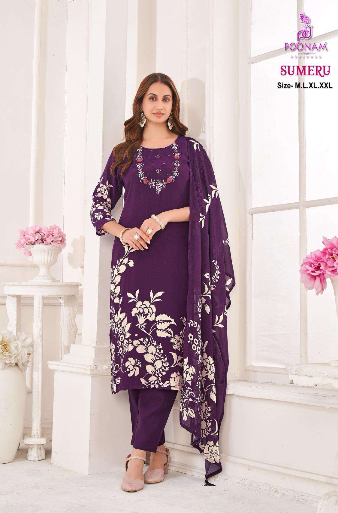 SUMERU SERIES 1001 TO 1004 BY POONAM DESIGNER DIGITAL PRINTED AND HAND WORK NATURAL CREPE TOP WITH BOTTOM AND DUPATTA ARE AVAILABLE AT WHOLESALE PRICE