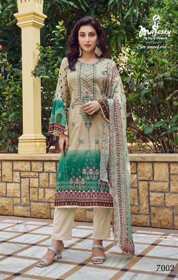 BIN SEEAD VOL-7 SERIES 7001 TO 7006 BY MAJESTY DESIGNER PRINTED AND WORK CAMBRIC COTTON PAKISTANI STYLE SUITS ARE AVAILABLE AT WHOLESALE PRICE