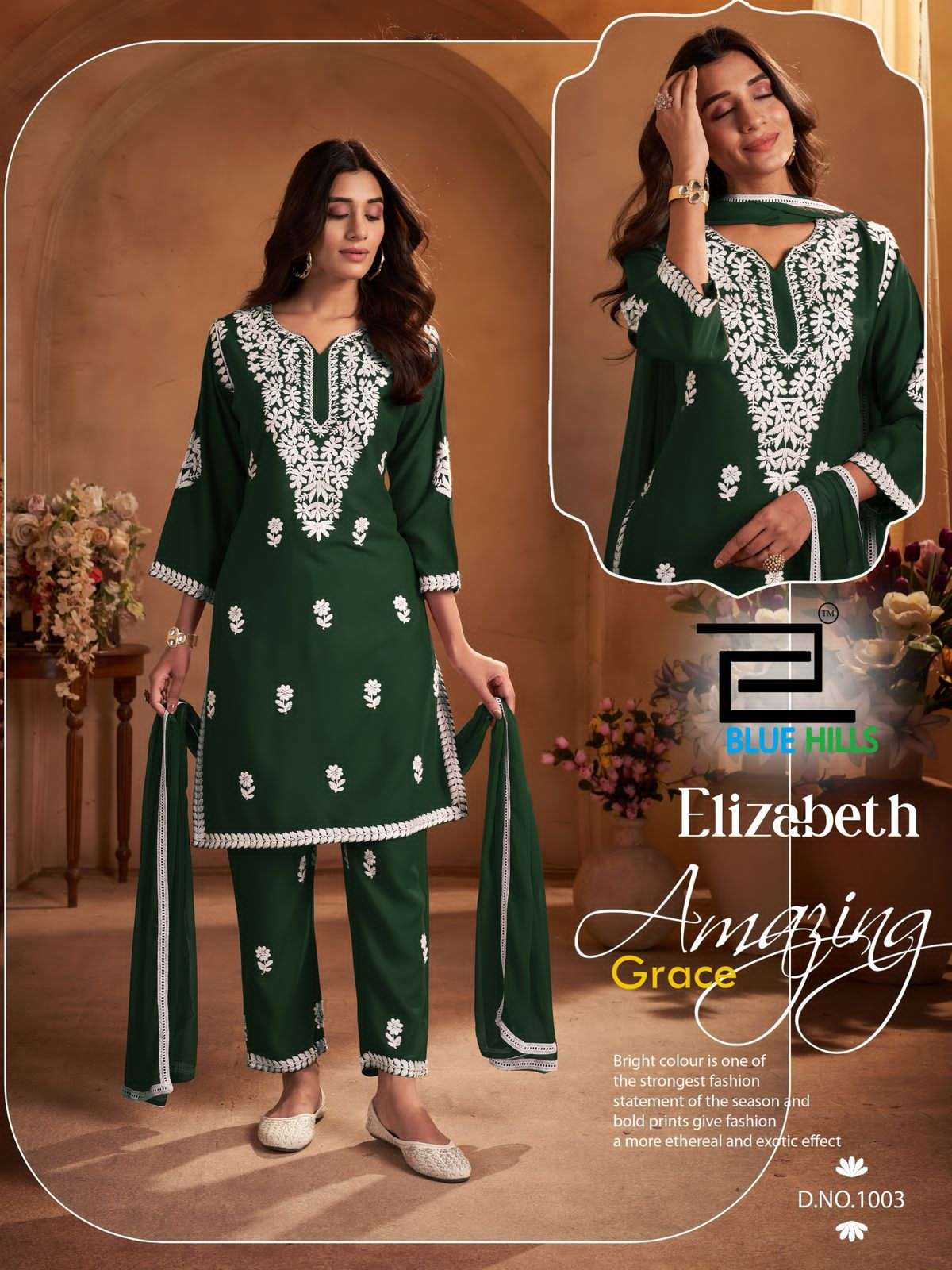 ELIZABETH SERIES 1001 TO 1004 BY BLUE HILLS DESIGNER THREAD WORK RAYON KURTI WITH PANT AND DUPATTA ARE AVAILABLE AT WHOLESALE PRICE