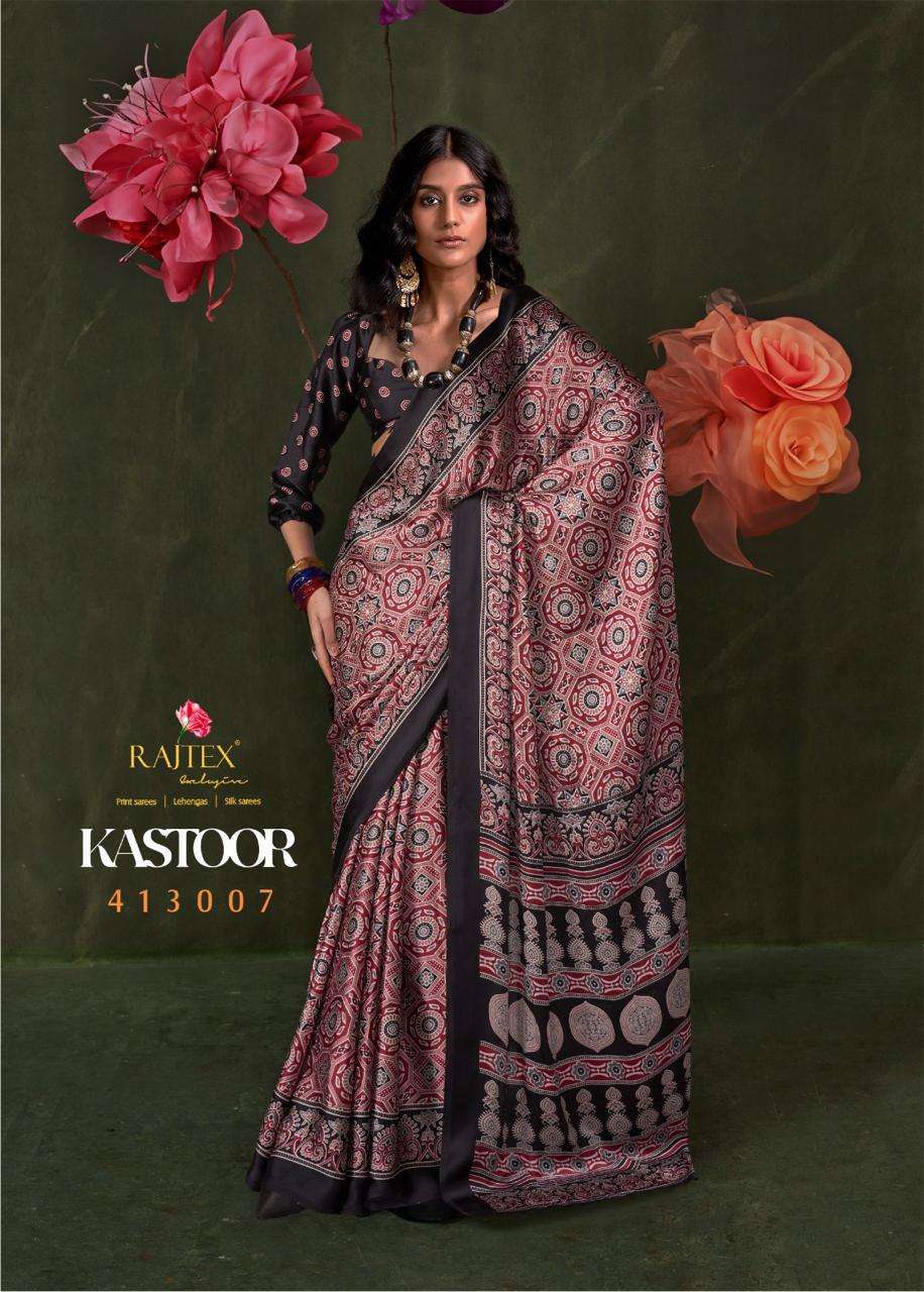 KASTOOR SERIES 413001 TO 413009 SAREE BY RAJTEX DESIGNER SATIN CREPE SAREES ARE AVAILABLE AT WHOLESALE PRICE
