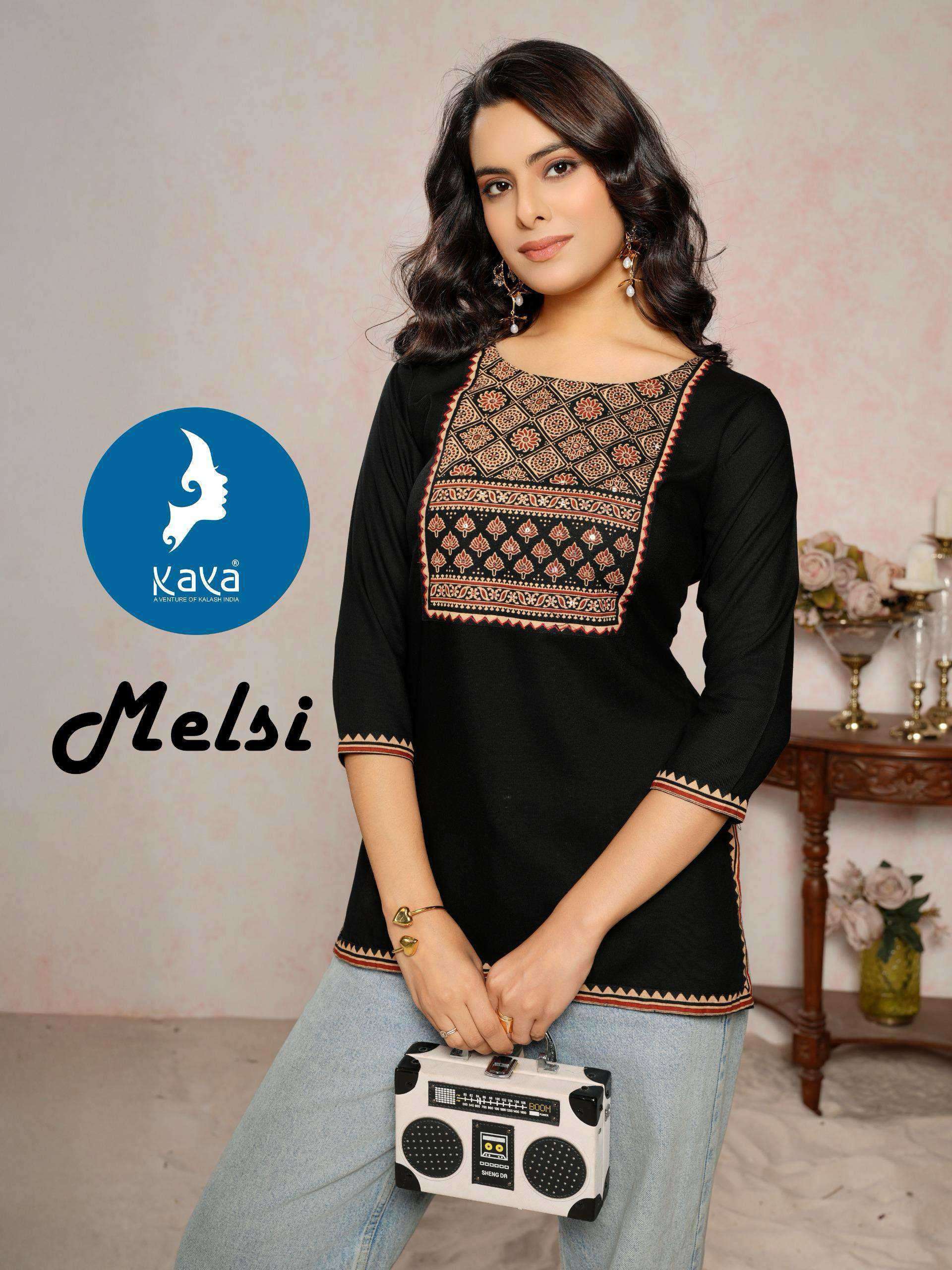 MELSI SERIES 01 TO 08 BY KAYA DESIGNER WORK RAYON SHORT TOPS ARE AVAILABLE AT WHOLESALE PRICE