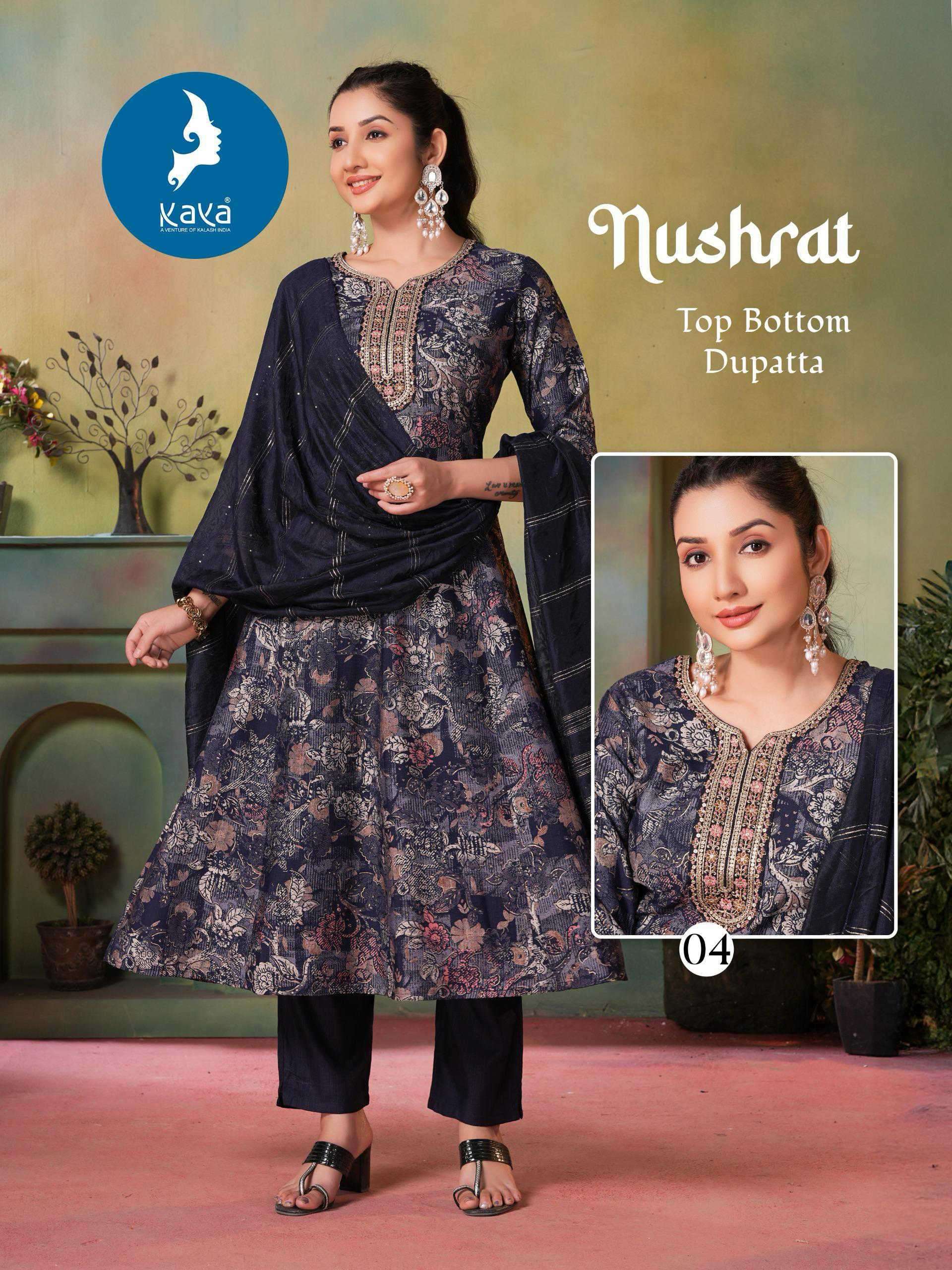 NUSHRAT SERIES 01 TO 06 BY KAYA DESIGNER FOIL PRINTED ANARKALI STYLE KURTI WITH BOTTOM AND DUPATTA ARE AVAILABLE AT WHOLESALE PRICE