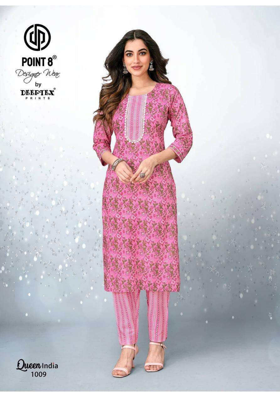 QUEEN INDIA VOL-10 SERIES 1001 TO 1010 BY DEEPTEX POINT 8 DESIGNER WITH PRINTED COTTON TOP WITH PANT ARE AVAILABLE AT WHOLESALE PRICE