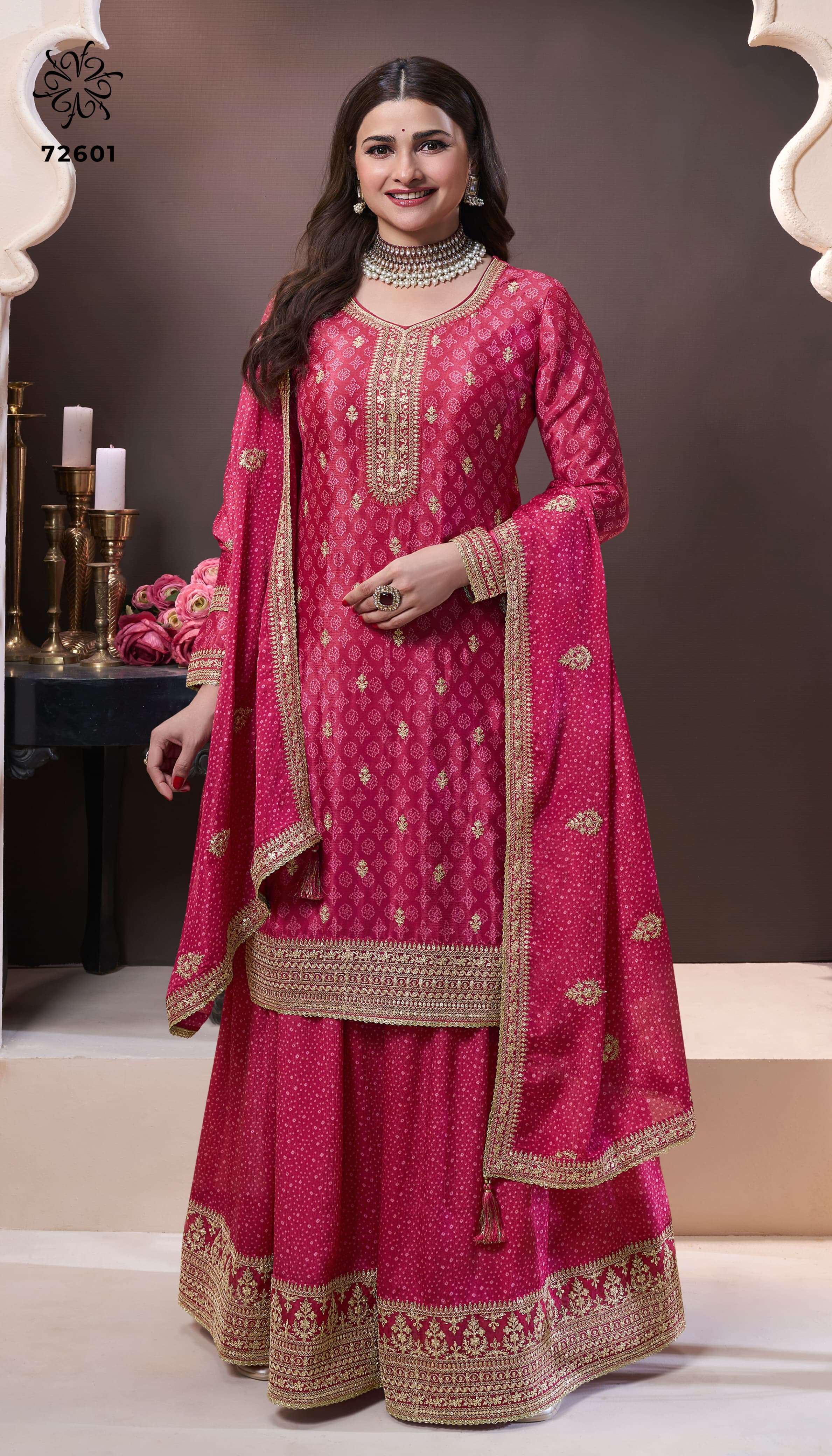SAJANEE SERIES 72601 TO 72604 BY VINAY KULEESH DESIGNER PRINTED AND EMBROIDERY WORK CHINON SUITS ARE AVAILABLE AT WHOLESALE PRICE