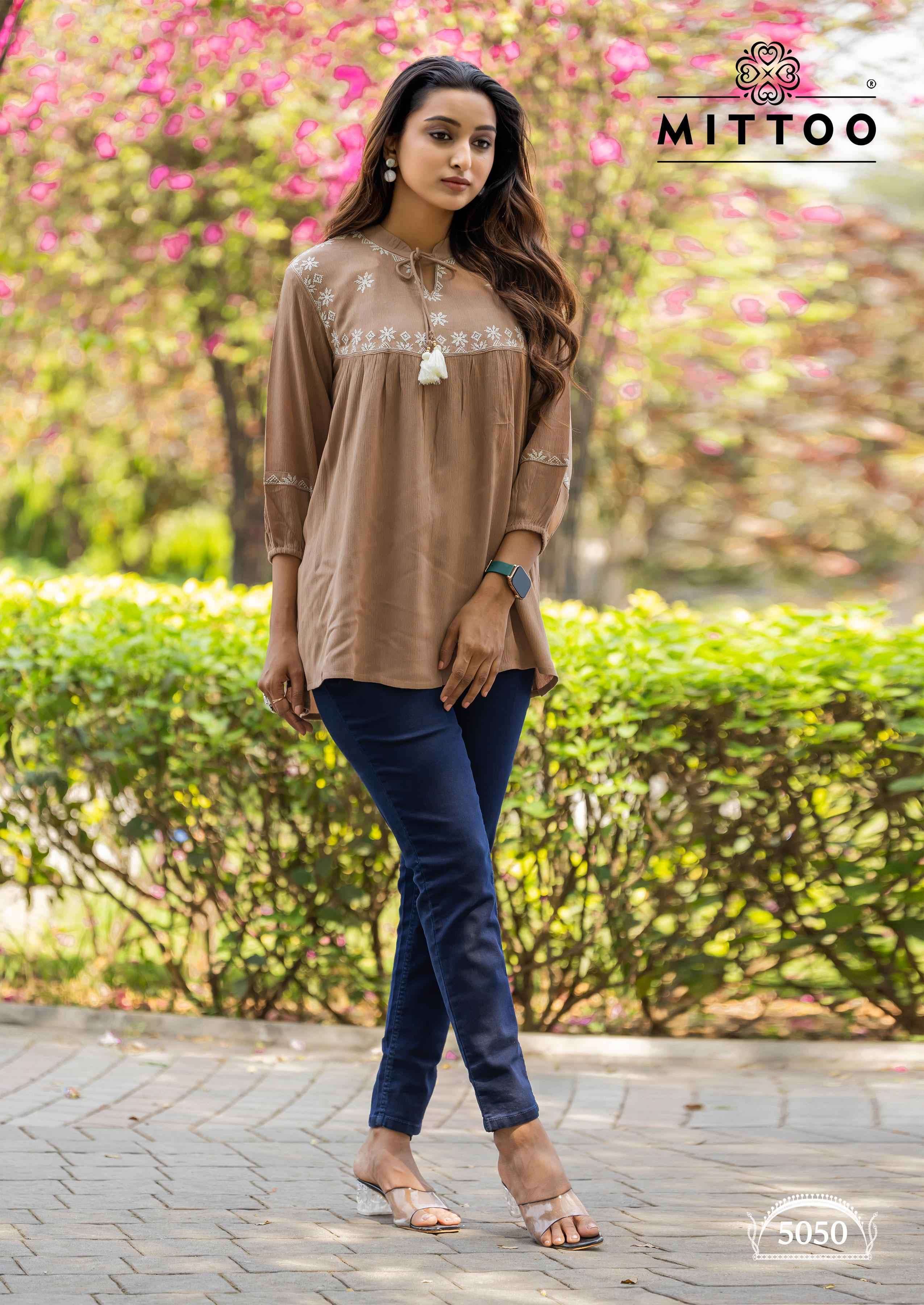 VICTORIA VOL-9 SERIES 5047 TO 5052 TOP BY MITTO DESIGNER WORK RAYON WRINKLE SHORT TOPS ARE AVAILABLE AT WHOLESALE PRICE
