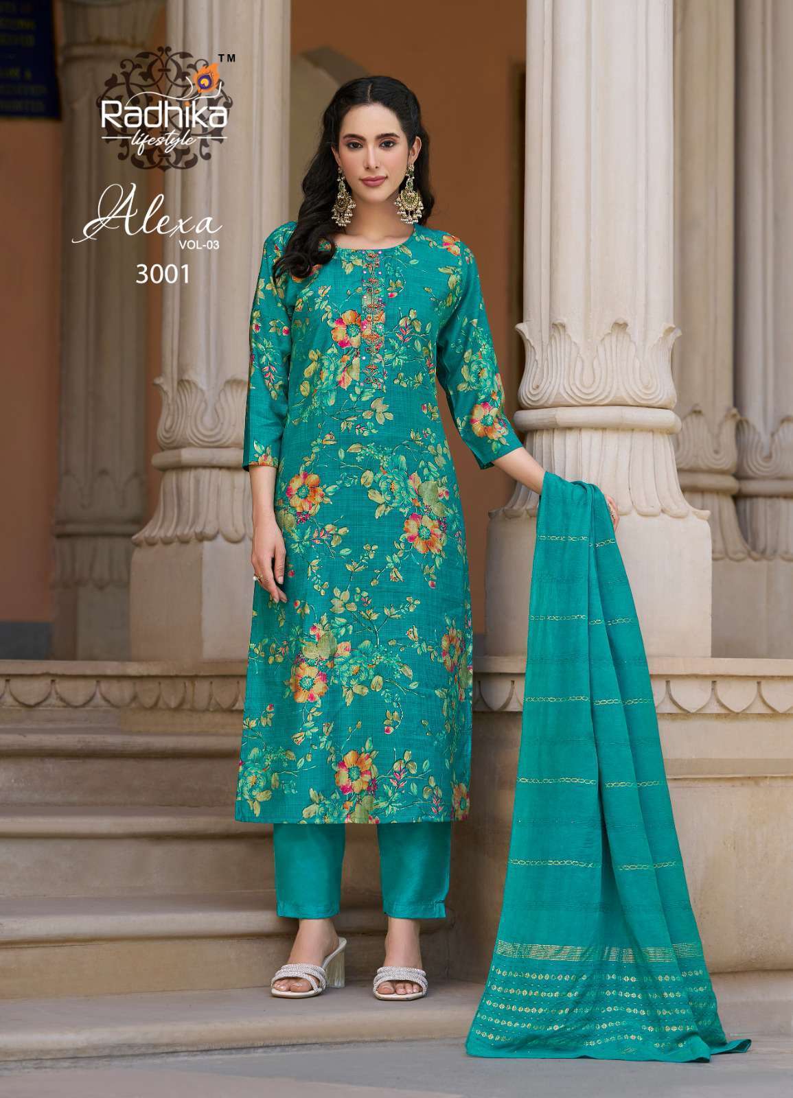 ALEXA VOL-3 SERIES 3001 TO 3006 BY RADHIKA LIFESTYLE DESIGNER FOIL PRINTED AND WORK SILK TOP WITH BOTTOM AND DUPATTA ARE AVAILABLE AT WHOLESALE PRICE