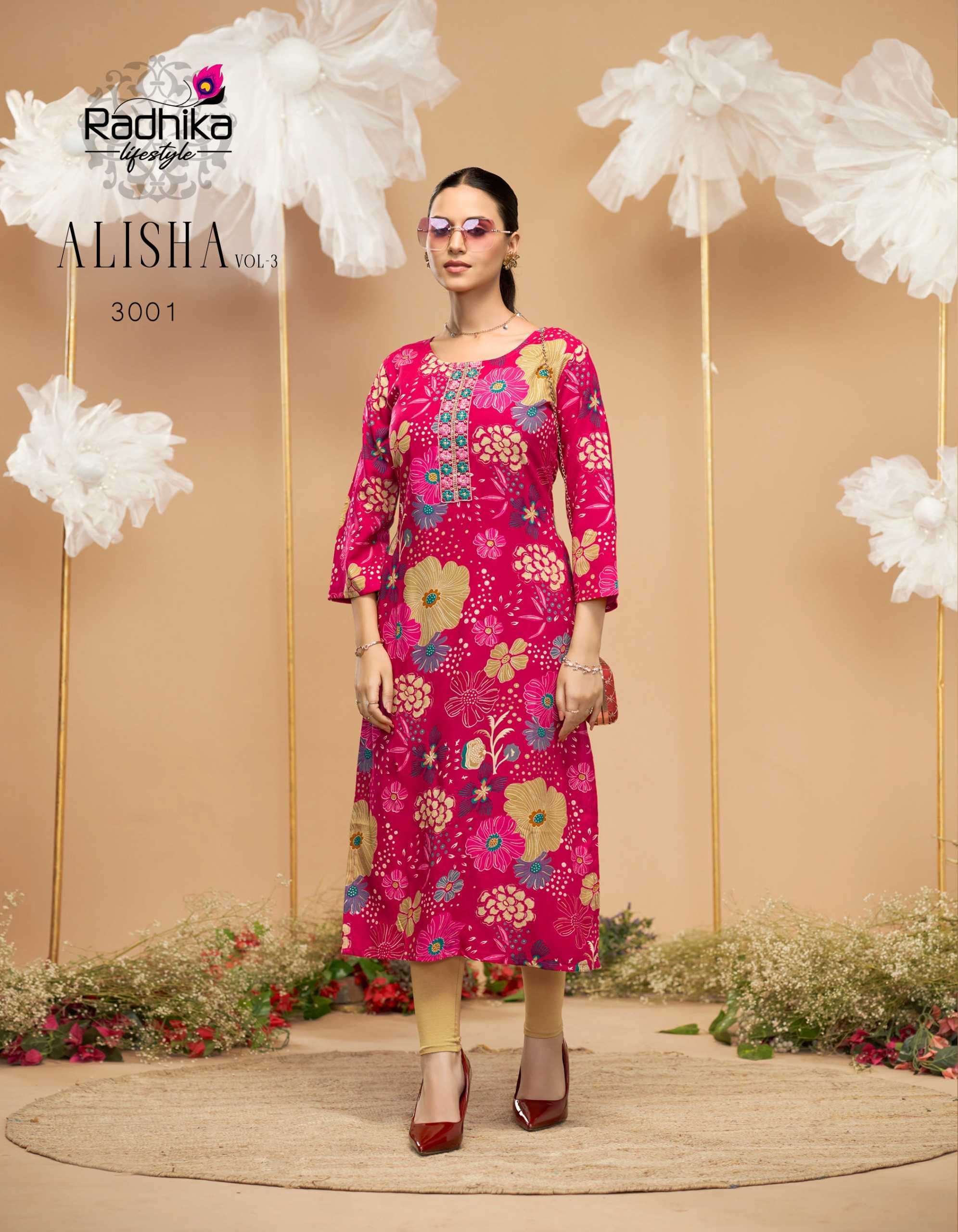 ALISHA VOL-3 SERIES 3001 TO 3009 KURTI BY RADHIKA LIFESTYLE DESIGNER PRINTED RAYON KURTIS ARE AVAILABLE AT WHOLESALE PRICE