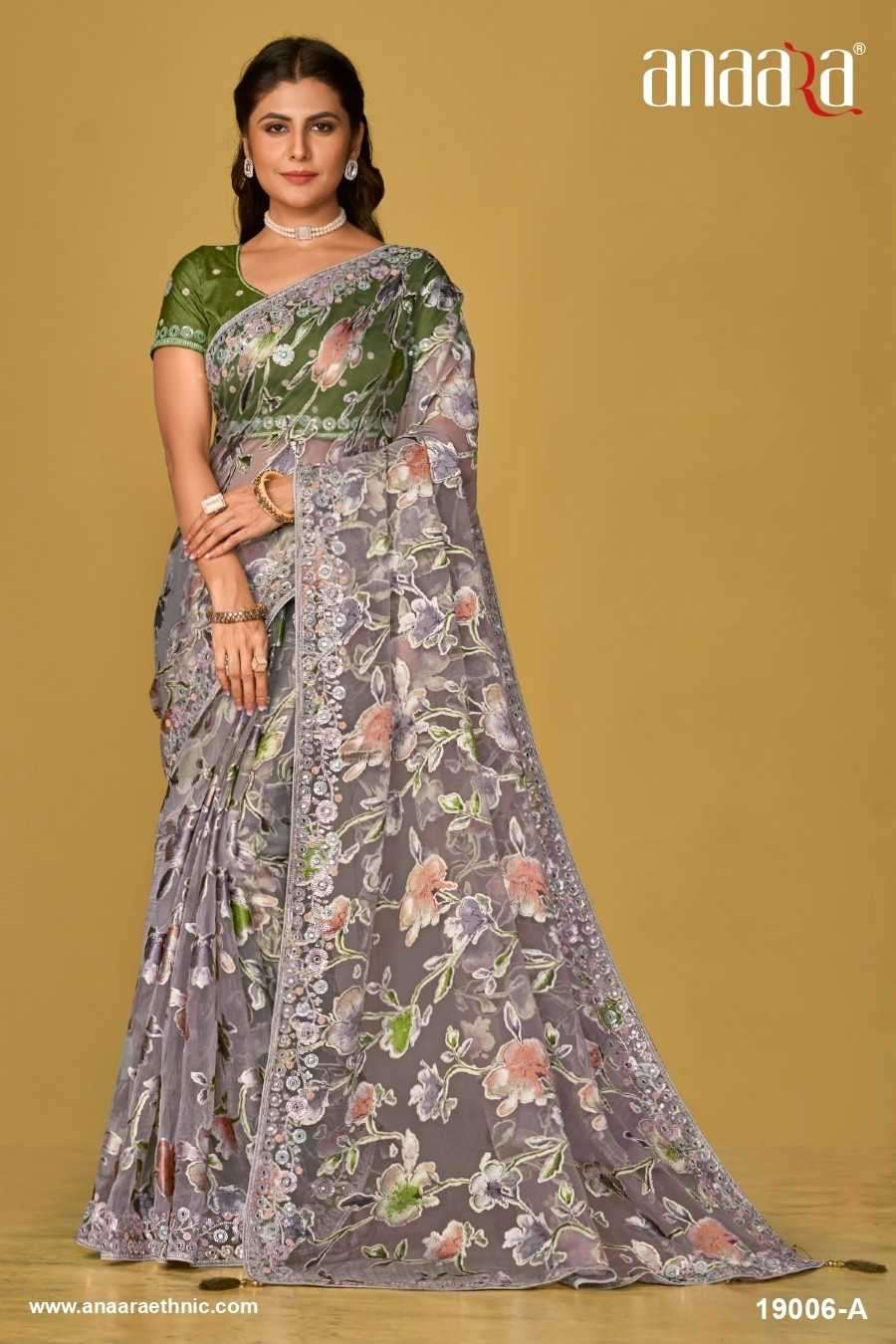 ANAARA 19000 HIT COLOUR SERIES 19006 TO 19008 SAREE BY TATHASTU DESIGNER ORGANZA BRASSO SAREES ARE AVAILABLE AT WHOLESALE PRICE