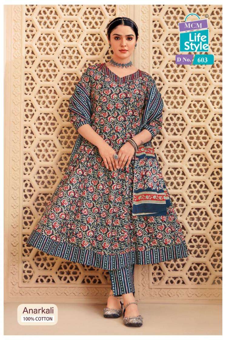 ANARKALI VOL-6 SERIES 603 TO 612 BY MCM DESIGNER PRINTED COTTON ANARKALI STYLE READYMADE SUITS ARE AVAILABLE AT WHOLESALE PRICE