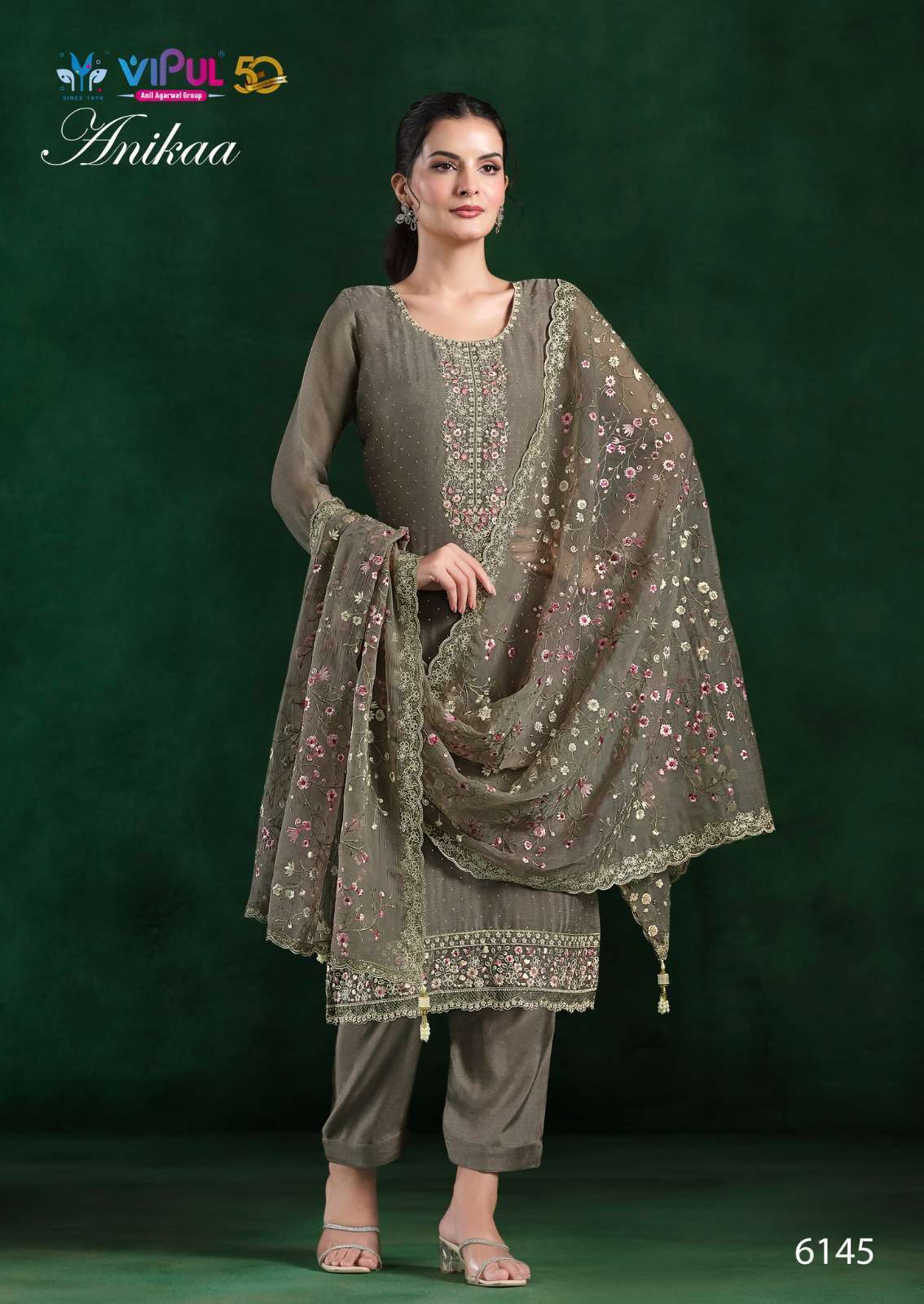 ANIKA SERIES 6141 TO 6146 BY VIPUL DESIGNER EMBROIDERY WORK CHIFFONE SUITS ARE AVAILABLE AT WHOLESALE PRICE