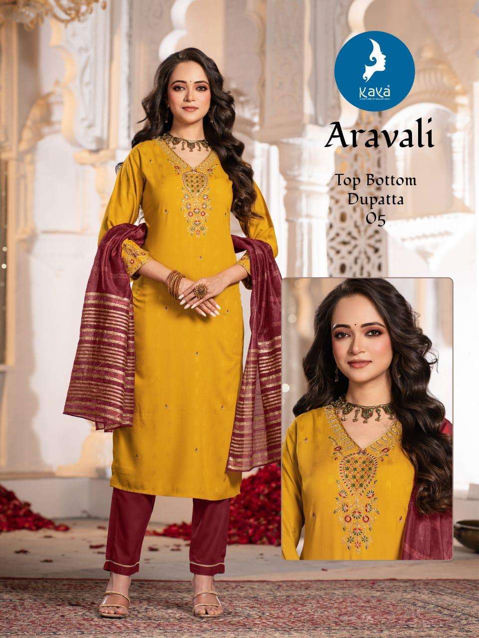 ARAVALI SERIES 01 TO 06 BY KAYA DESIGNER WORK RAYON DOBBY KURTI WITH BOTTOM AND DUPATTA ARE AVAILABLE AT WHOLESALE PRICE
