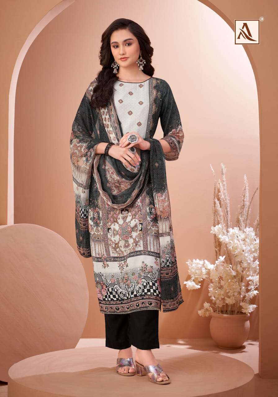 BLACK MIRROR SERIES 1957 BY ALOK SUITS DESIGNER DIGITAL PRINTED WITH HAND WORK VISCOSE MUSLIN SUITS ARE AVAILABLE AT WHOLESALE PRICE