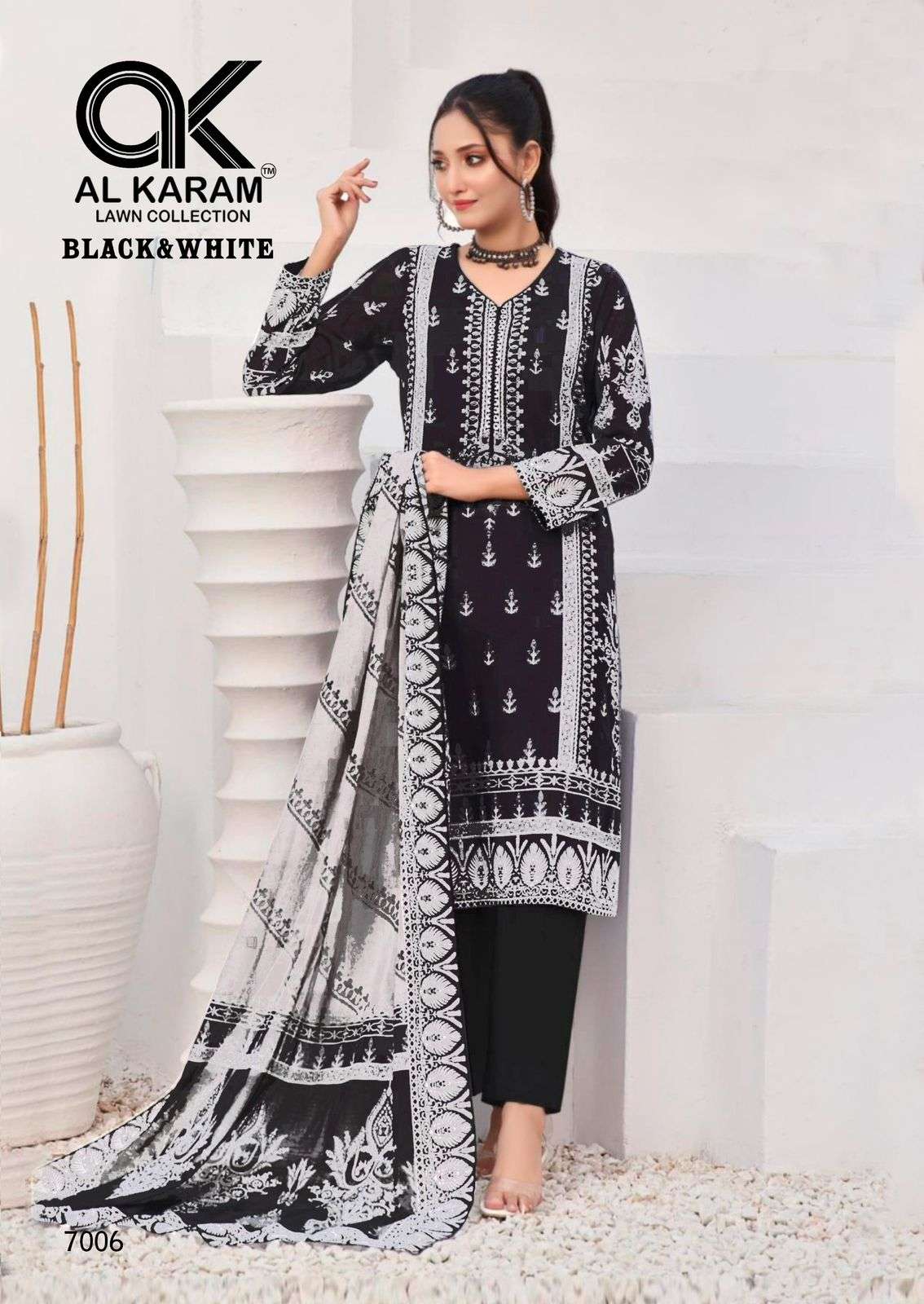 BLACK & WHITE VOL-7 SERIES 7001 TO 7007 BY AL KARAM DESIGNER PRINTED CAMBRIC COTTON SUITS ARE AVAILABLE AT WHOLESALE PRICE
