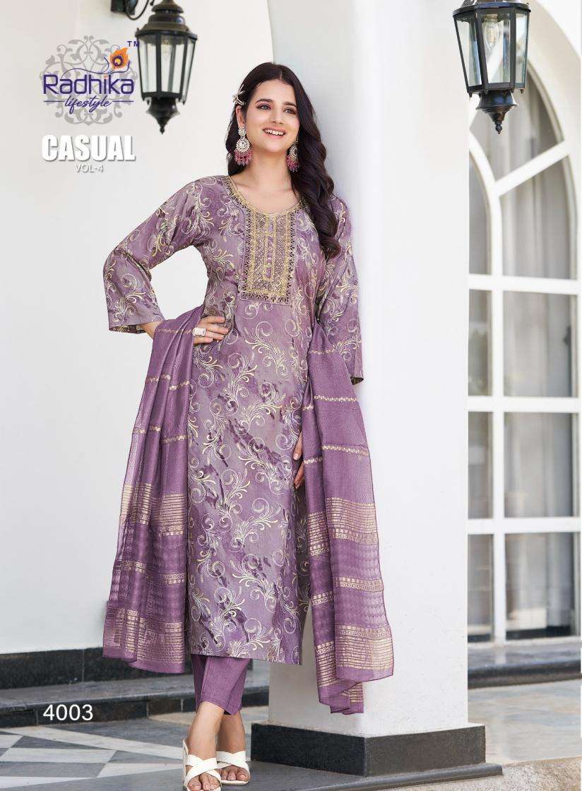 CASUAL VOL-4 SERIES 4001 TO 4007 BY RADHIKA LIFESTYLE DESIGNER PRINTED RAYON KURTI WITH PANT AND DUPATTA ARE AVAILABLE AT WHOLESALE PRICE