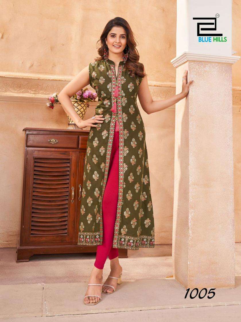CAT WALK SERIES 1001 TO 1008 KURTI BY BLUE HILLS DESIGNER FOIL PRINTED RAYON KURTIS ARE AVAILABLE AT WHOLESALE PRICE