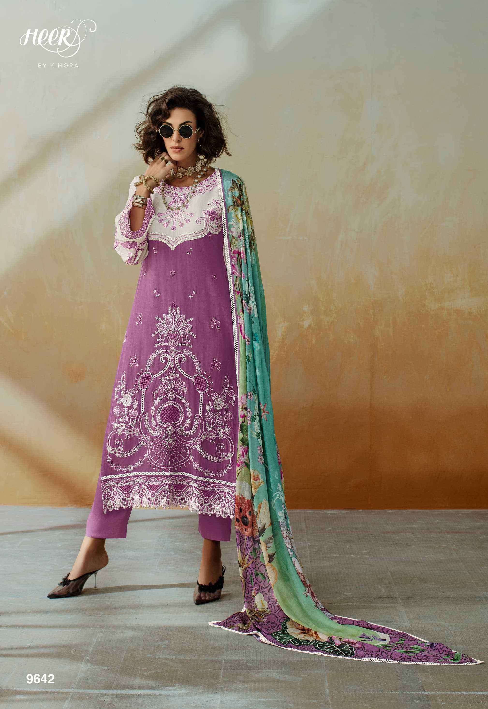 CHIC SERIES 9641 TO 9646 BY KIMORA HEER DESIGNER EMBROIDERY WORK MUSLIN SUITS ARE AVAILABLE AT WHOLESALE PRICE