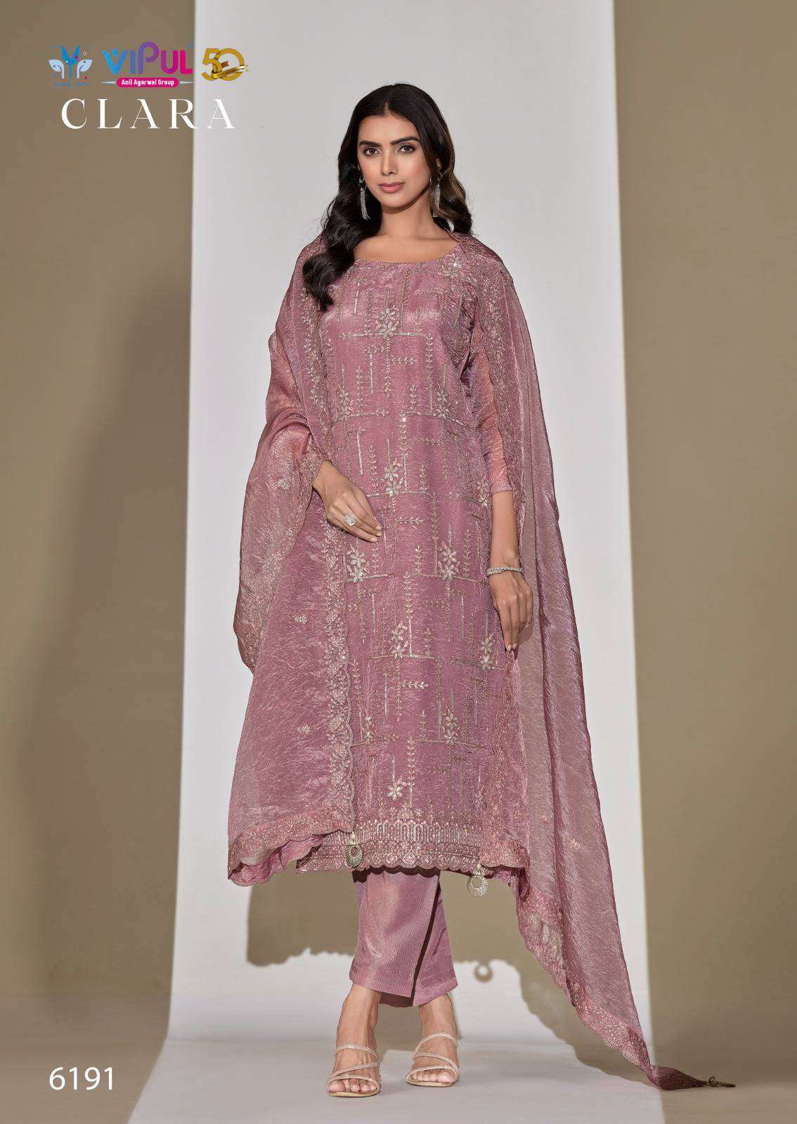 CLARA SERIES 6191 TO 6196 BY VIPUL DESIGNER EMBROIDERY AND HAND WORK SATIN ORGANZA SUITS ARE AVAILABLE AT WHOLESALE PRICE