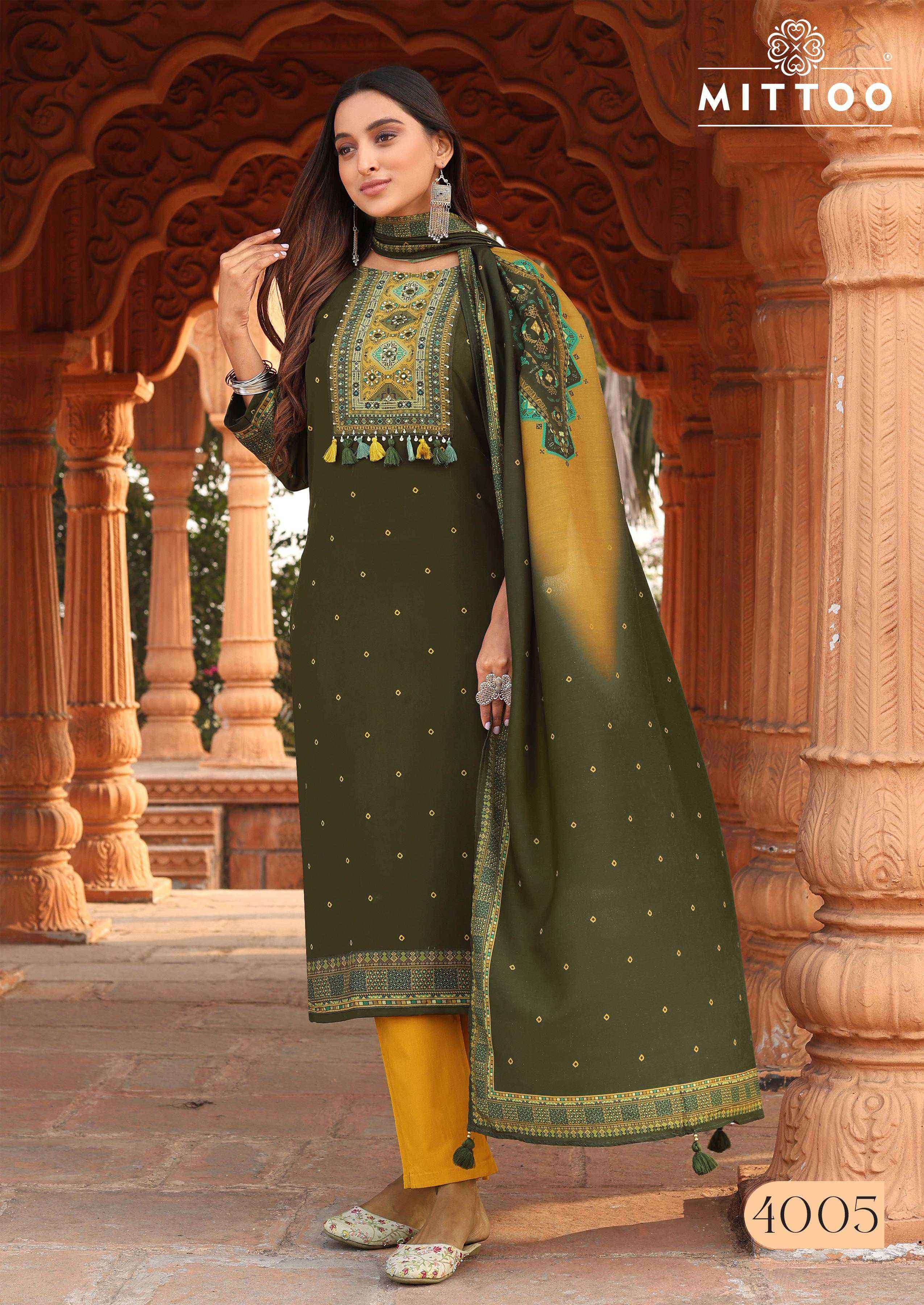 COLOR DROP SERIES 4001 TO 4006 BY MITTO DESIGNER PRINTED AND EMBROIDERY WORK RAYON TOP WITH BOTTOM AND DUPATTA ARE AVAILABLE AT WHOLESALE PRICE