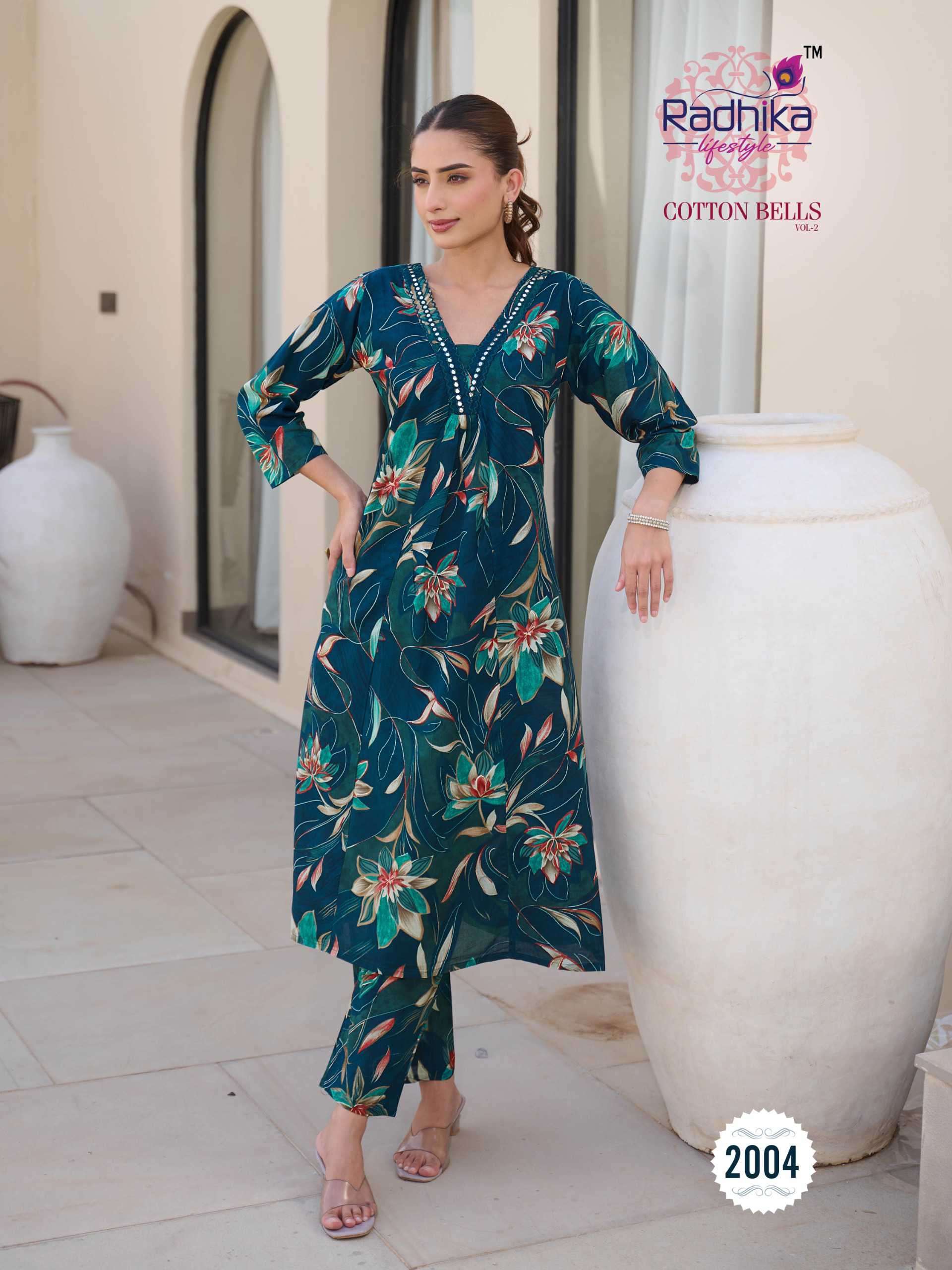 COTTON BELLS VOL-2 SERIES 2001 TO 2008 BY RADHIKA LIFESTYLE DESIGNER PRINTED COTTON KURTI WITH BOTTOM ARE AVAILABLE AT WHOLESALE PRICE