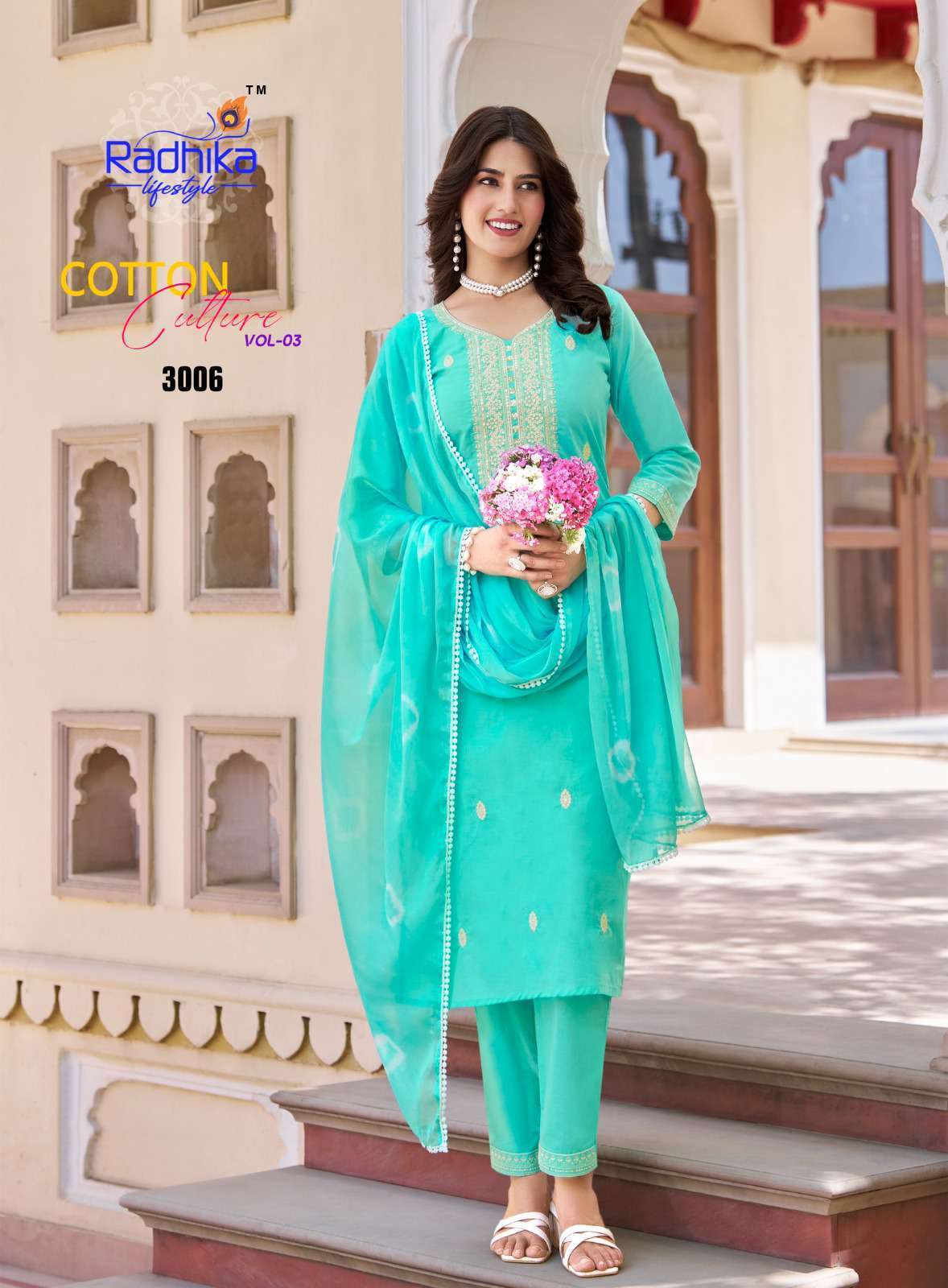 COTTON CULTURE VOL-3 SERIES 3001 TO 3006 BY RADHIKA LIFESTYLE DESIGNER WITH WORK COTTON KURTI WITH BOTTOM AND DUPATTA ARE AVAILABLE AT WHOLESALE PRICE