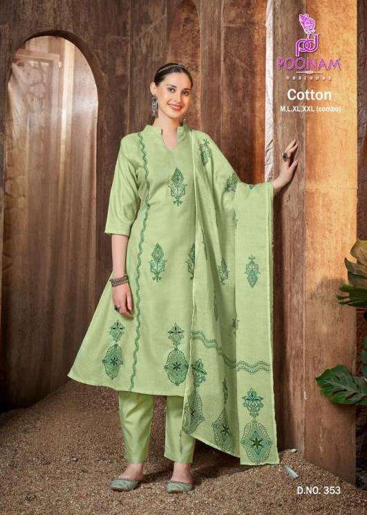 COTTON SERIES 351 TO 354 BY POONAM DESIGNER PRINTED AND WORK COTTON TOP WITH BOTTOM AND DUPATTA ARE AVAILABLE AT WHOLESALE PRICE