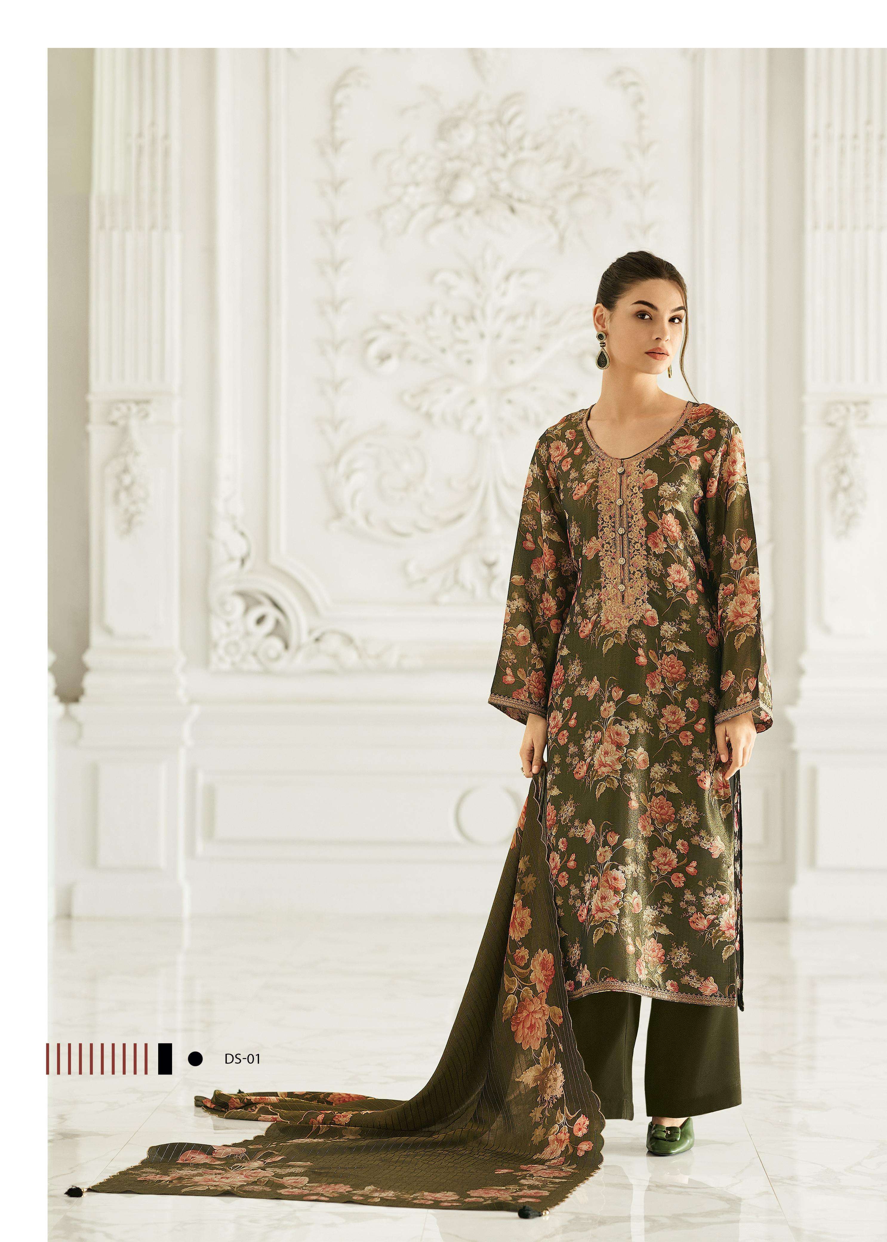 DAISY SERIES 01 TO 04 BY VARSHA DESIGNER PRINTED AND EMBROIDERY WORK VISCOSE SHIMMER SUITS ARE AVAILABLE AT WHOLESALE PRICE