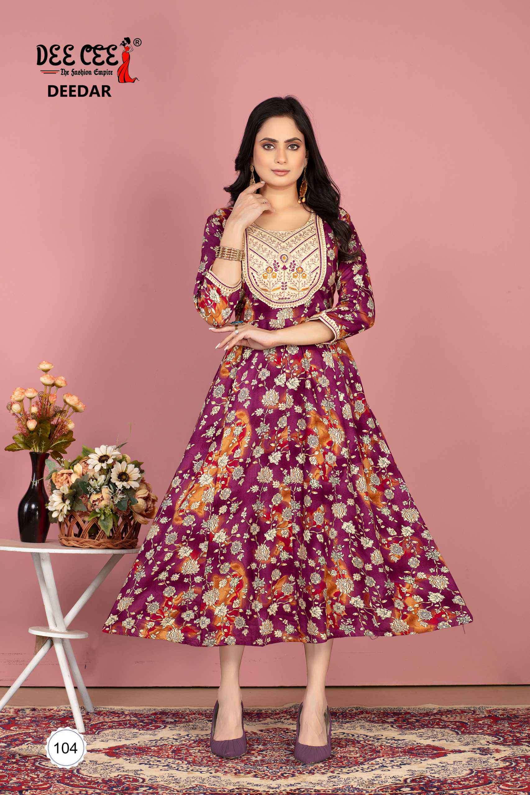 DEEDAR SERIES 101 TO 106 KURTI BY DEE CEE DESIGNER PRINTED AND WORK RAYON ANARKALI KURTI ARE AVAILABLE AT WHOLESALE PRICE