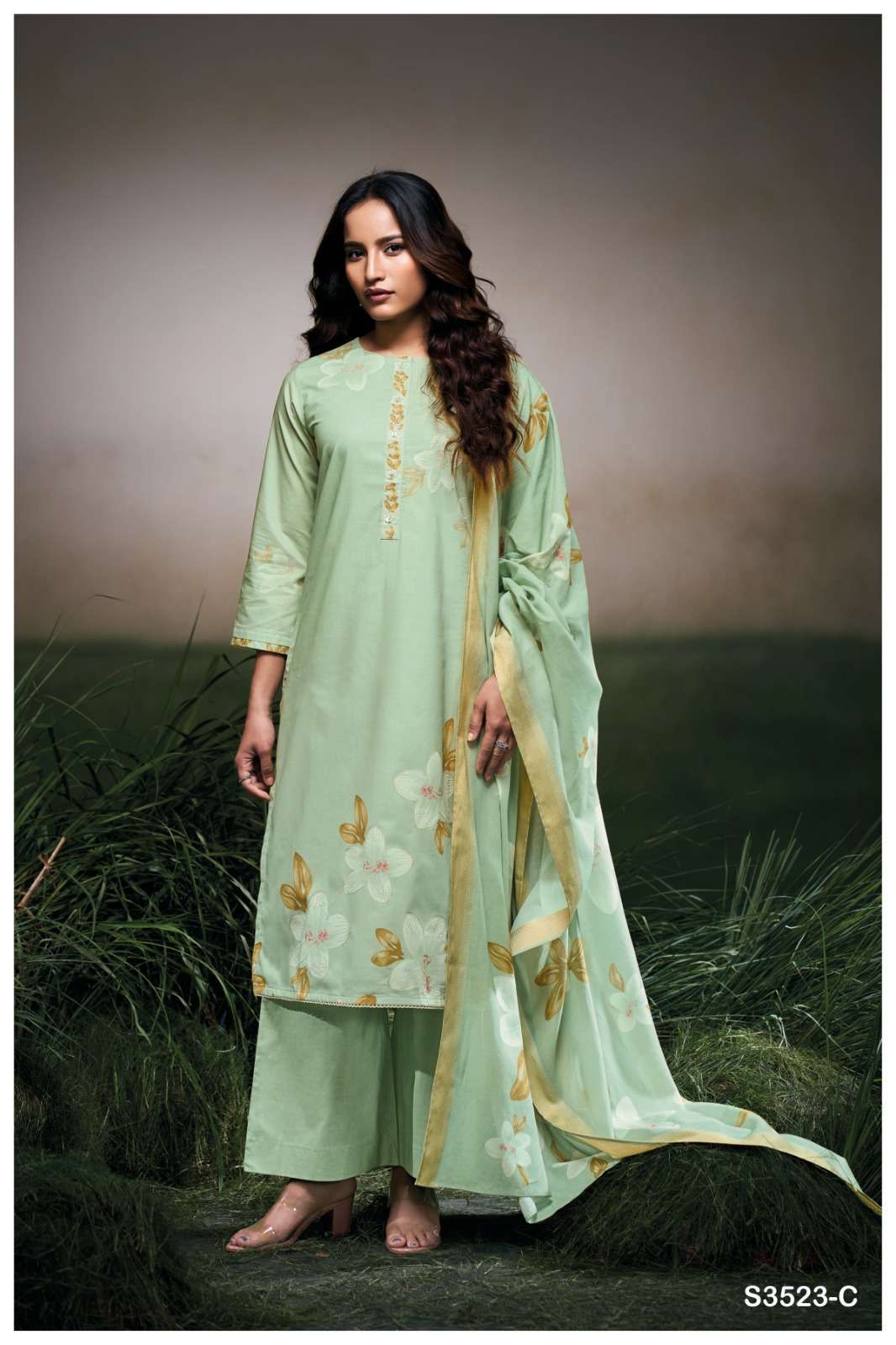 FARYAT SERIES 3523 BY GANGA DESIGNER PRINTED WITH EMBROIDERY AND HAND WORK COTTON SUITS ARE AVAILABLE AT WHOLESALE PRICE