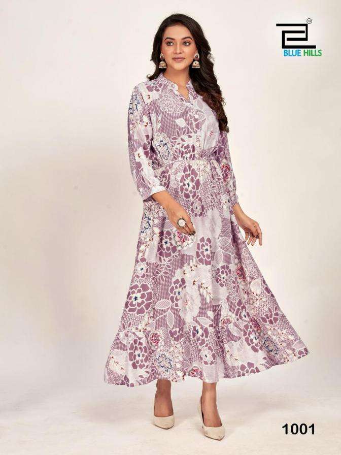 FLORIDA SERIES 1001 TO 1002 KURTI BY BLUE HILLS DESIGNER PRINTED RAYON LONG KURTIS ARE AVAILABLE AT WHOLESALE PRICE