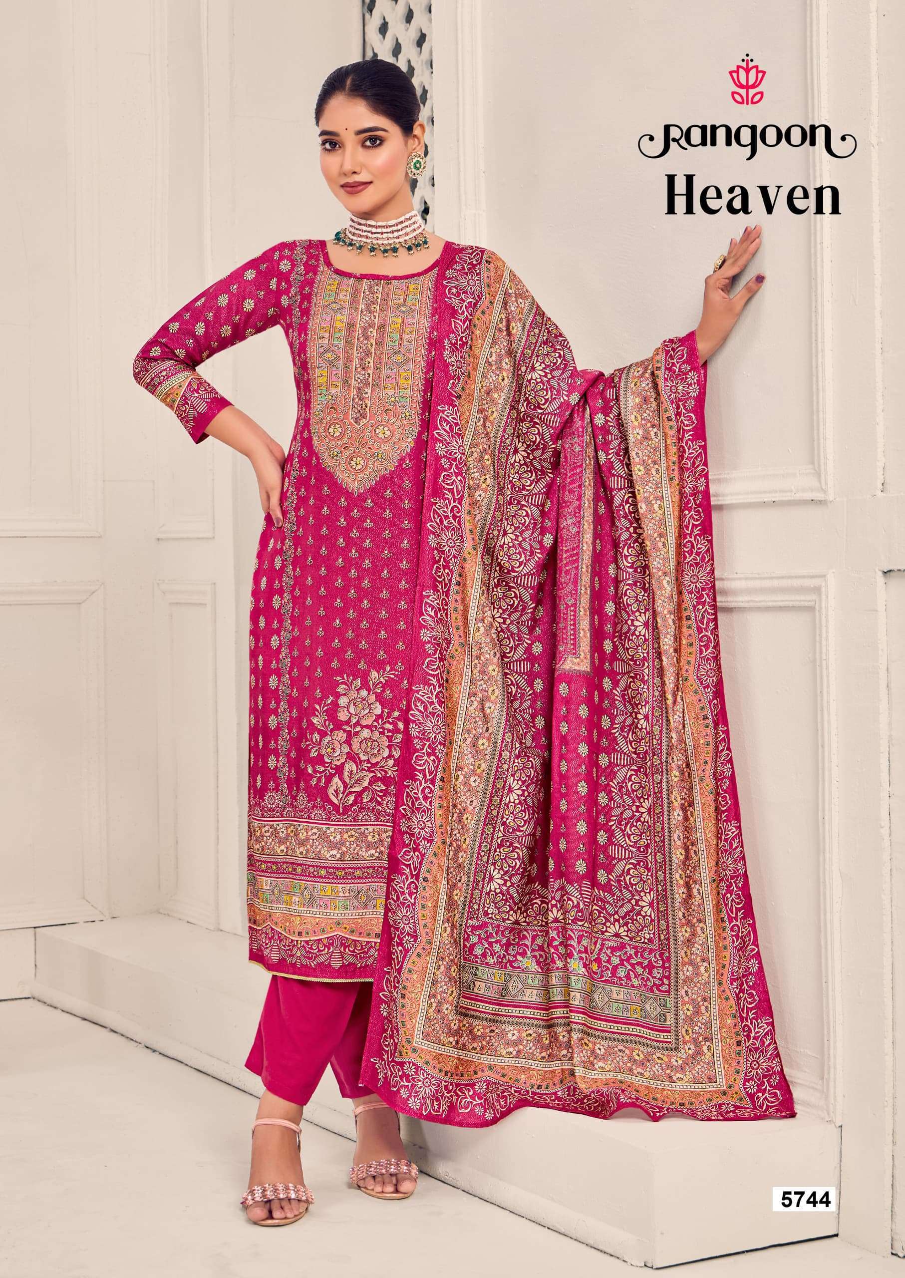 HEAVEN SERIES 5741 TO 5744 BY RANGOON DESIGNER DIGITAL PRINTED AND WORK MUSLIN TOP WITH BOTTOM AND DUPATTA ARE AVAILABLE AT WHOLESALE PRICE